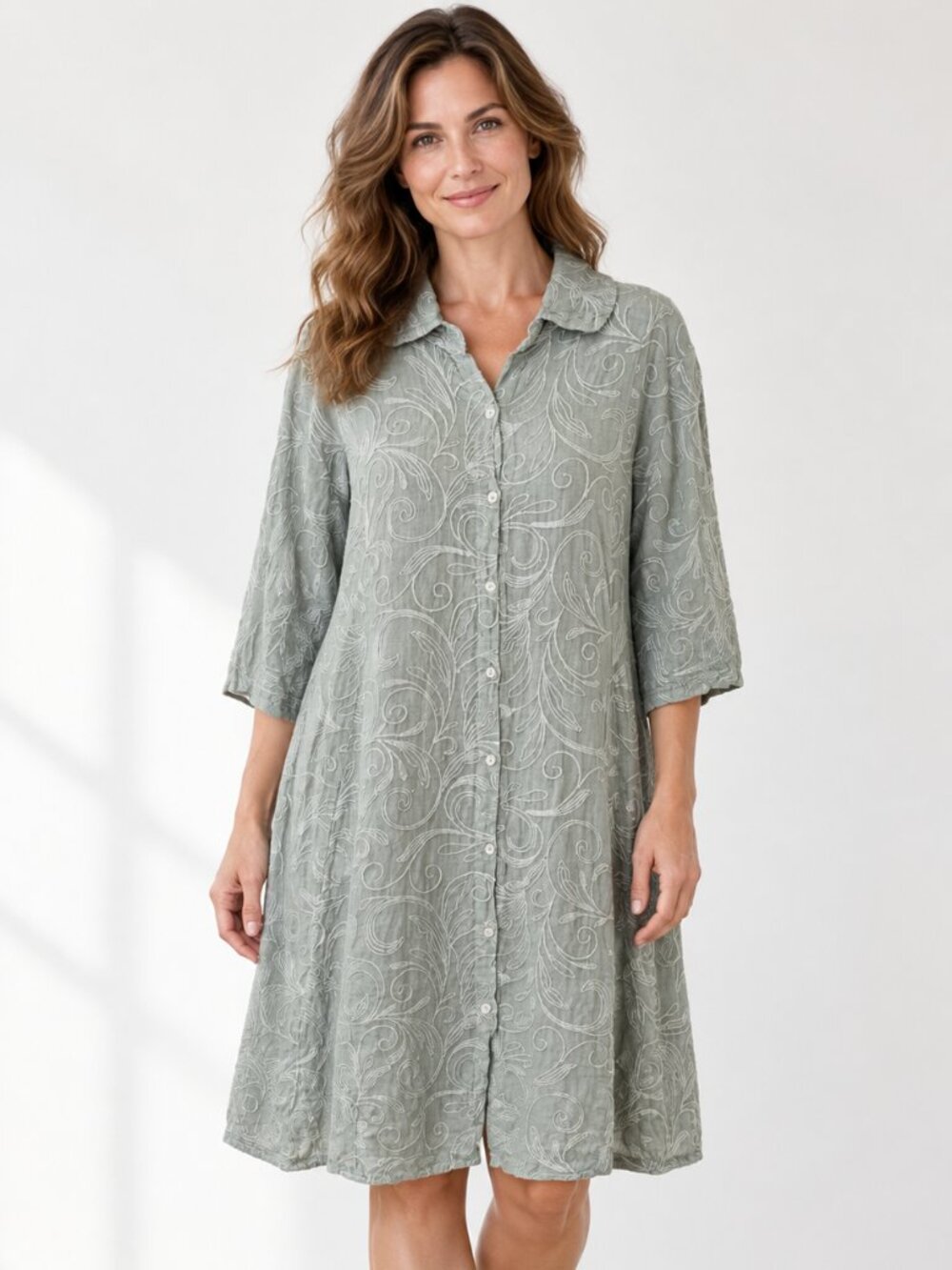Francesca Bettini Sage 100% Linen Embroidered Shirt Dress Women L